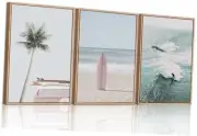 Framed Canvas Wall Art Set, Palm Tree Surfboard Seascape Wall 16"x24" Beach