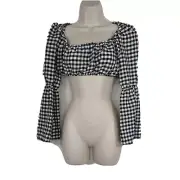 Topshop Crop Top Women Size 0P Black White Gingham Plaid Bell Sleeve NEW