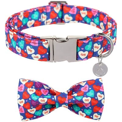 Valentine's Day Collar with Bowtie Blue Heart Bowtie Adjustable Durable Pink ...