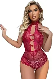 [Generic] Women's Lingerie Deep V Lace Teddy One Piece Babydoll Mini Bodysuit Halter