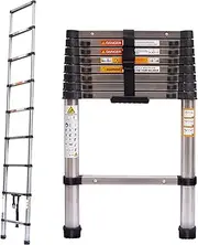 Telescoping Ladder 8.5ft/2.6m Stainless Steel Telescopic Extension Ladder Heavy Duty Collapsible Ladder Non-Slip Angled Feet Securing Strap Delicate Design for Home Loft RV Ladder 330 lbs Capacity
