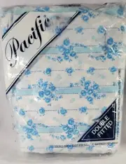 Vintage Pacific Double Fitted Sheet Rambling Rose Blue New 50/50