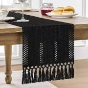 Macrame Style Boho Table Runner Table Runners 36 Inches Long, 12x36 Inch Black