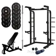 Half Rack Bundle - 150kg Black Bumper Weight Plates, Barbell & Bench