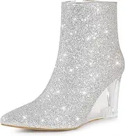 [Perphy] Clear Heels Boots Sequin Pointed Toe Glitter Wedge Heels Ankle Boots for Women