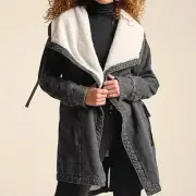 VENUS Fashion White Sherpa Lined Black Denim Coat Sz 2 Cozy Gift Neutral