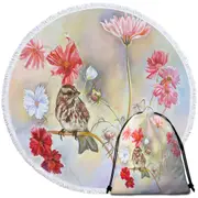 Floral Art Sparrow Bird in Cosmos Flowers Round Beach Towel