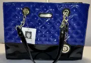 Anne Klein Colbolt Blue Black Patent Leather Gold Chain Top Handle Bag Purse