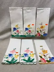 6 Vintage Appliqued Embroidery Cotton Fingertip Hand Towels 13 x 21" NOS China