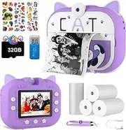 CL FUN Instant Print Digital Camera for Kids,20MP Selfie Video Children Toy Camera, Kids Camera for 6-12 Years Old Girls Boys, Cat