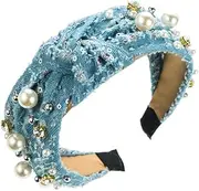 Pearl Rhinestone Knotted Headband Western Cowgirl Pearls Bejewelled Embellished Denim Cloth Headband Headpiece Hair Accessories Bachelorette Party Outfits (Blue, One size)