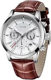 [LIGE] Men's Watches Fashion Luxury Sport Analog Quartz Chronograph Waterproof Watch for Male Classic Casual Leather Elegant Gents Dress Wristwatch Calendar Blue Round Dial