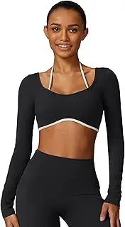 [ABOCIW] Womens Workout Crop Top Halter Long Sleeve Sports Bra Low Medium Impact Yoga Top T Shirts with Built in Bra