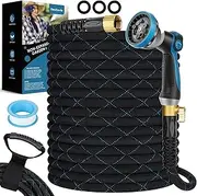 FlexiSolve Garden Hose 100 ft, NON-EXPANDABLE Ultra Lightweight & Flexible Water Hose With 10-Pattern Spray Nozzle, Kink-Resistant, Leak-Proof, 3750D High-Density Fabric & Shut-Off Valve, Hose Straps