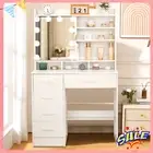 Dressing Table Bedside Tables Makeup 10 LED Sliding Mirror and 5 Drawers Set