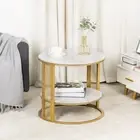 Marble Effect Coffee Table, Large Sofa Side End Table, Golden Metal Frame, 2 Tie