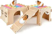 Unicorn Catcher Guinea Pig Hideout, House with Stairs and Mats Extra Large Castle Detachable Hideouts for Small Animals Wooden Habitats Multiple Doors Windows, 2 Houses