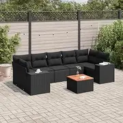 8 Piece Garden Sofa Set with Cushions Black Poly Rattan - Outdoor Patio Furniture Set with PE Wicker, Arm Sofas, Chairs, Acacia Table, for Garden Terrace & Balcony, Durable, Sale Offer