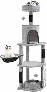 Costway Tall Cat Tree for Indoor Cats, Multi-Level Large Cat Tower w/Sisal Scratching Posts & Board, Condo, Plush Perches, Hanging Toys, Hammock, Napping Bed, Platform, Modern Kitty Activity Tree