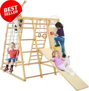8-in-1 Kids Climbing Playset Indoor Jungle Gym w/ Slide, Monkey Bars, Swing