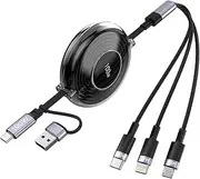 3-in-1 Retractable Multi Charging Cable, 100W Fast Charging USB-C/A to Lightning/USB-C/Micro USB Phone Charger Cord for iPhone 16/15, Samsung, MacBook, iPad (Black)
