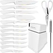 Knife Block Set,15 Pcs Kitchen Knives Set with Holder,Professional Japanese Chef Knife Set,Stainless Steel Carving Slicing Paring Bread Knife,Steak Knives,Resin Handle,White Color