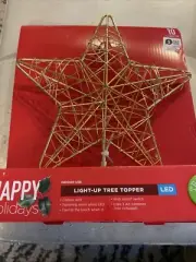 Happy Holidays Christmas Tree Topper Twinkling Gold Star Lighted LED 10 Lights
