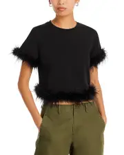 Aqua Feather Trim Short Sleeve Top - Exclusive