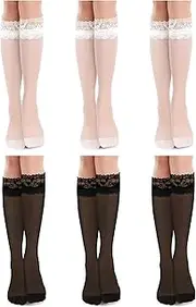 [BOARDFEB] 6 Pairs Women's Lace Sock Women's Fishnet Knee High Socks Mesh Lace Loose Sock High Sheer Socks for Women, Black and White, One Size