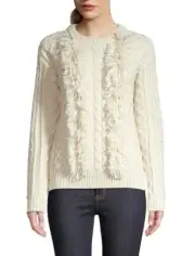 Tory Burch Oversized crew fringe sweater pullover ivory heavy knit Peru wool L