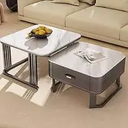 EKDJSN Coffee Table Set, Nesting Table with Stainless Steel Brushed Frame, Center Table with Large Storage Drawer, Retractable Mother-and-Child Table, for Living Room(White,28in+31in)