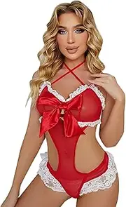 [Generic] New Year Lingerie for Women V Neck Lace Trim Bodysuit Sleepwear Sexy Lingerie for Women plus Size 3x
