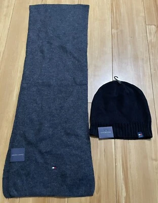 NEW TOMMY HILFIGER BLACK ONE SIZE UNISEX SCARF AND HAT