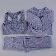 Yoga Set Women Seamless Yoga Set Fitness Clothing Sports Suits Gym Long Sleeve High Waist Running Leggings Workout Pants Shirts ​,Grey 3pcs Set,S