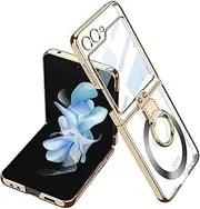 Built-in Screen Protector Case for Samsung Galaxy Z Flip 5 5G, Ring Kickstand,Plating Transparent Shockproof Cover,Gold