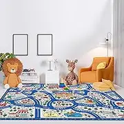 Tinideya Kids Carpet Playmat Rug Player Car Rug,City Life Traffic Road Map Mat Educational Game Area Rug for Toddler Children Playroom Classroom Bedroom (Blue,6 x 9 ft)