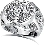 [EUDORA] S925 Sterling Silver St Benedict Ring San Benito Rings for Women Men, Vintage Saint Benedict Amulet Adjustable Ring Christian Catholic Jewelry Gifts for Women Mens Mother Father, Sterling