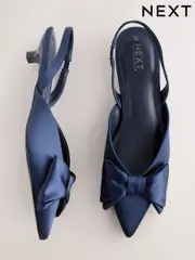 Navy Forever Comfort® Point Toe Bow Slingback Kitten Heels (F20472) | $73