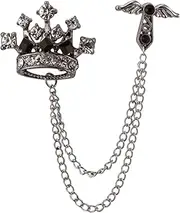 [Knighthood] Men's Angel Wings Cross Black & Silver Crown With Layers Tassel Chain Brooch Lapel Pin (Black) (NEW18-SILV-BLK-CROWN)
