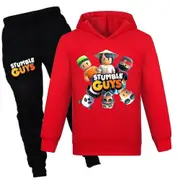 Stumble Guys Tracksuit Set Kids Casual Hooded Sweatshirt Hoodies Tops Joggers Pants Trousers Sports Outfits Red 7-8 Years