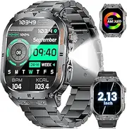 SUNKTA Men's Smartwatch with LED Torch, 2.13 Inch AMOLED Fitness Watch with 450 mAh Large Battery, 5 ATM Waterproof, 113 Sports Modes, Heart Rate/Pedometer/SpO2/Sleep Monitor Android/iOS 2 Wristbands