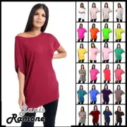 Womens Off Shoulder Oversized Top Batwing Sleeve Plain Basic Bardot T-Shirt Top