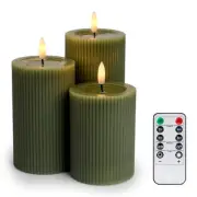 Set of 3 Loden Green Ribbed LED Candles – Flameless, Remote, Battery Operated
