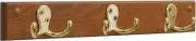 Wooden Mallet, Brass, Medium Oak 3 Double Prong Hook Rail/Coat Rack