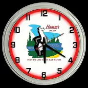 16" Hamm's Beer Land Of Sky Blue Water Sign Red Neon Clock Man Cave Garage Bar