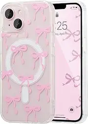 UEEBAI Magnetic for iPhone 14 Case & iPhone 13 Case, Bow Case Compatible with MagSafe, Wireless Slim Clear Ribbon Phone Case Anti-Yellowing Shockproof Protective Cover for Women Girl - Pink