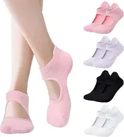 [Risipu] 4 Pairs Grip Pilates Socks for Women,Non-slip Yoga Athletic Socks for Barre Ballet Barefoot Workout Hospital, Multicolor 01, One size