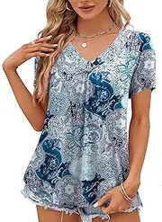 [ASUOAgio] Plus Size Tunic Tops for Women Loose Fit Pleated Front Flowy Shirt Blouses L-4XL