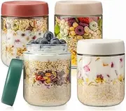 DIMBRAH Overnight Oats Containers with Lids, Mason Jars 16oz with Lids - Set Of 4, Practical Oatmeal Container to Go, Chia Seed Pudding Jars, with Spoon and Marker