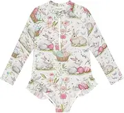 [miaozhen] Girls Swimsuit Long Sleeve Cartoon Floral Daffodil Petal Peach White Sun Protection Swimming Suits Bathing Suits for Kids, Cute Cartoon Spring Easter Rabbits, 9-10 Years